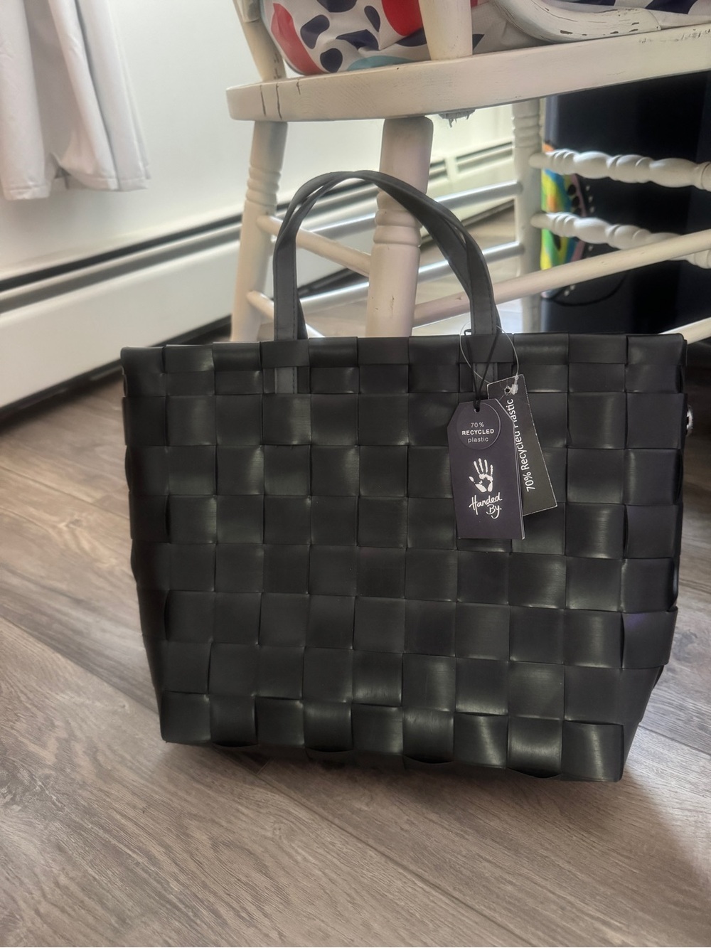 NWT Handed By Holland Petite Woven Black Tote Bag 70% Recycled Plastic Handmade - Picture 7 of 8